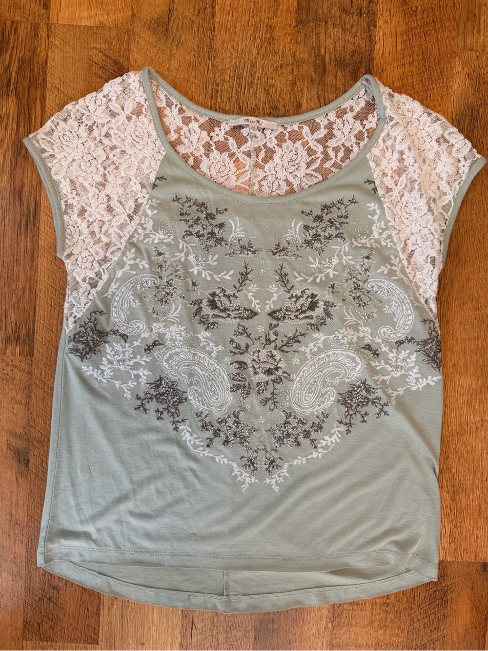 Miss Me Lace Sleeve Paisley Print Top - Sage Green